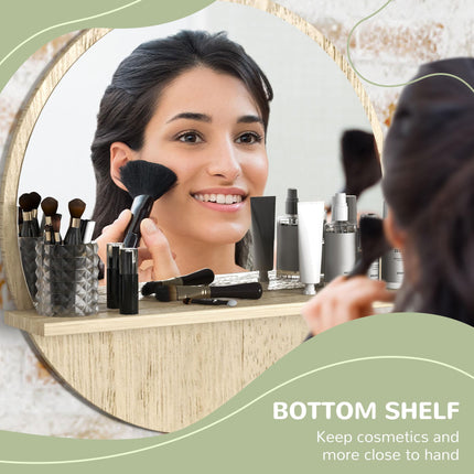 Round Wall Mounted Bathroom Mirror with Shelf for Makeup - Natural Wood Effect