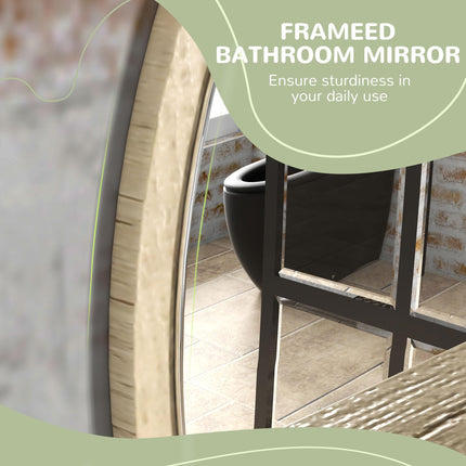 Round Wall Mounted Bathroom Mirror with Shelf for Makeup - Natural Wood Effect