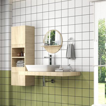 Round Wall Mounted Bathroom Mirror with Shelf for Makeup - Natural Wood Effect