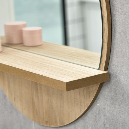 Round Wall Mounted Bathroom Mirror with Shelf for Makeup - Natural Wood Effect
