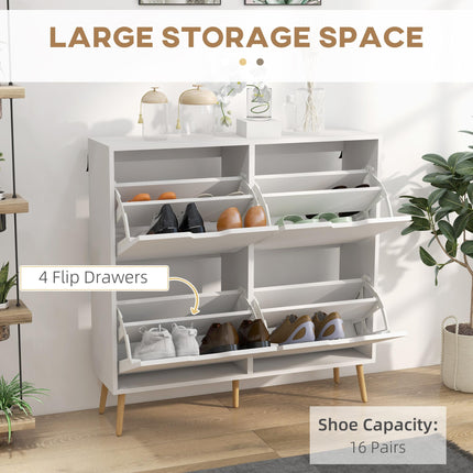 Shoe Storage Cabinet with 4 Flip Drawers for 16 Pairs of Shoes - White