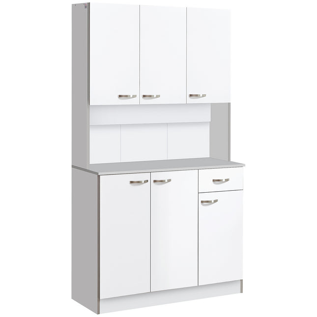Freestanding Kitchen Storage Cabinet with 6 Doors, Drawer & Adjustable Shelves - White