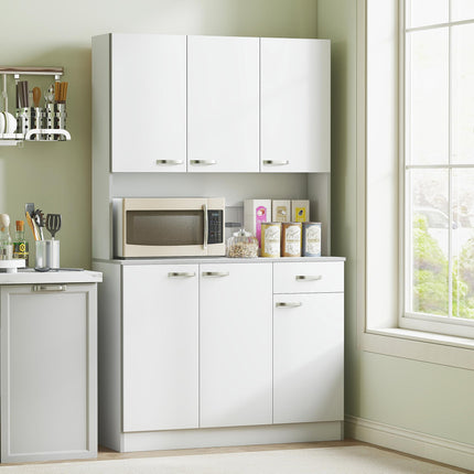 Freestanding Kitchen Storage Cabinet with 6 Doors, Drawer & Adjustable Shelves - White