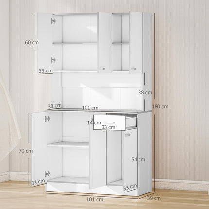 Freestanding Kitchen Storage Cabinet with 6 Doors, Drawer & Adjustable Shelves - White
