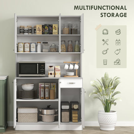 Freestanding Kitchen Storage Cabinet with 6 Doors, Drawer & Adjustable Shelves - White