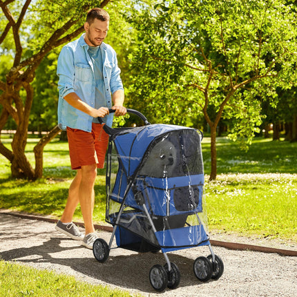 Folding Dog Stroller for Small Miniature Dogs with Rain Cover, Cup Holder & Storage Basket - Blue