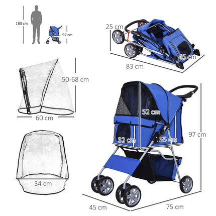Folding Dog Stroller for Small Miniature Dogs with Rain Cover, Cup Holder & Storage Basket - Blue