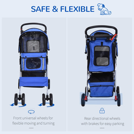 Folding Dog Stroller for Small Miniature Dogs with Rain Cover, Cup Holder & Storage Basket - Blue