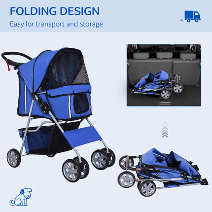 Folding Dog Stroller for Small Miniature Dogs with Rain Cover, Cup Holder & Storage Basket - Blue