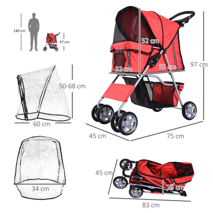 Folding Dog Stroller for Small Miniature Dogs with Rain Cover, Cup Holder & Storage Basket - Red