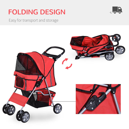 Folding Dog Stroller for Small Miniature Dogs with Rain Cover, Cup Holder & Storage Basket - Red