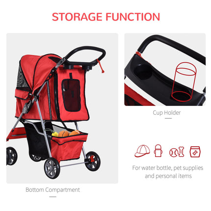 Folding Dog Stroller for Small Miniature Dogs with Rain Cover, Cup Holder & Storage Basket - Red