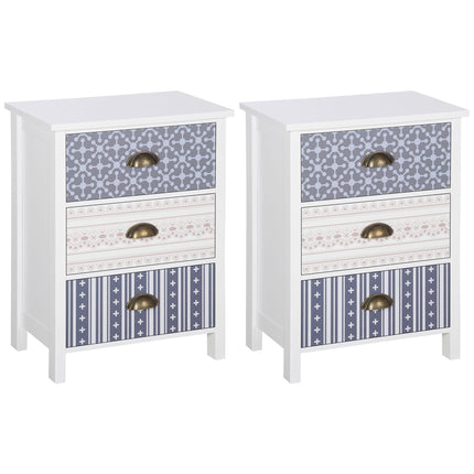 Set of 2 Bedside Tables with 3-Drawer Chest, Shabby Chic Nightstands with Metal Handles - Purple