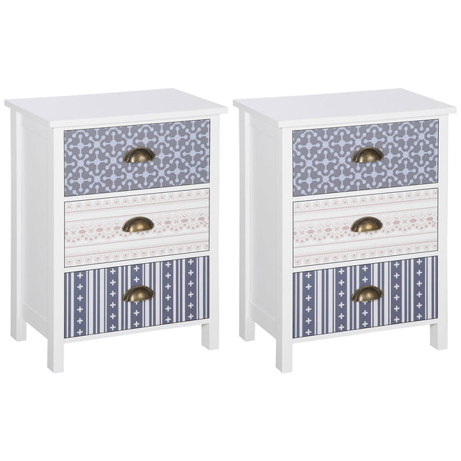 Set of 2 Bedside Tables with 3-Drawer Chest, Shabby Chic Nightstands with Metal Handles - Purple