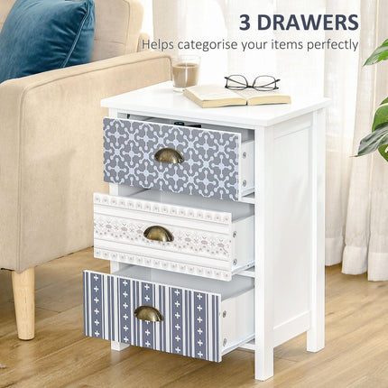 Set of 2 Bedside Tables with 3-Drawer Chest, Shabby Chic Nightstands with Metal Handles - Purple