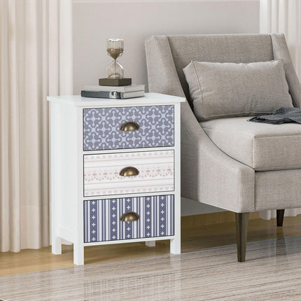 Set of 2 Bedside Tables with 3-Drawer Chest, Shabby Chic Nightstands with Metal Handles - Purple