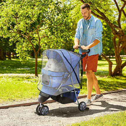 Folding Dog Stroller with Cover, Cup Holder & Storage Basket for Small Miniature Dogs - Blue