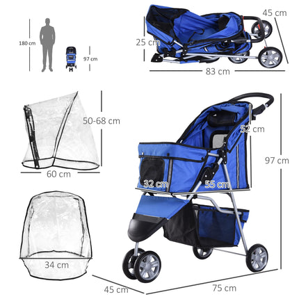 Folding Dog Stroller with Cover, Cup Holder & Storage Basket for Small Miniature Dogs - Blue