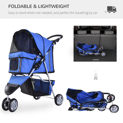 Folding Dog Stroller with Cover, Cup Holder & Storage Basket for Small Miniature Dogs - Blue