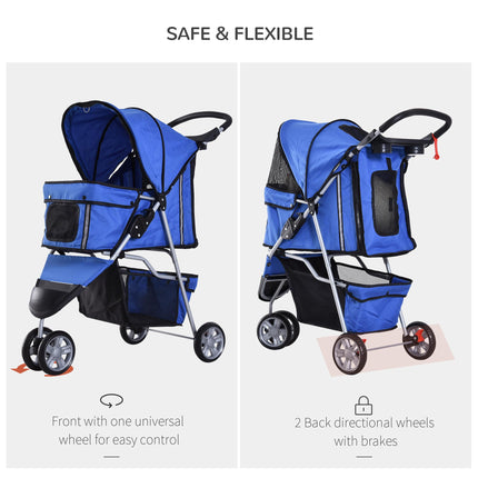 Folding Dog Stroller with Cover, Cup Holder & Storage Basket for Small Miniature Dogs - Blue