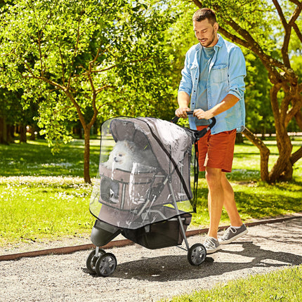 Folding Dog Stroller with Cover, Cup Holder & Storage Basket for Small Miniature Dogs - Brown