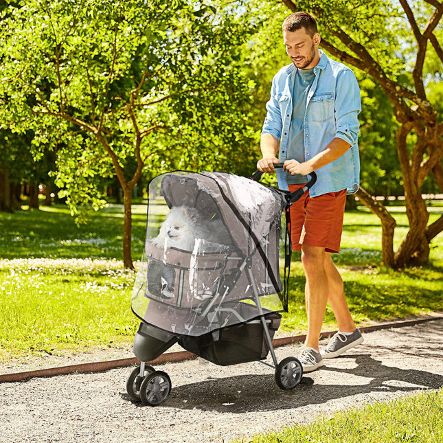 Folding Dog Stroller with Cover, Cup Holder & Storage Basket for Small Miniature Dogs - Brown
