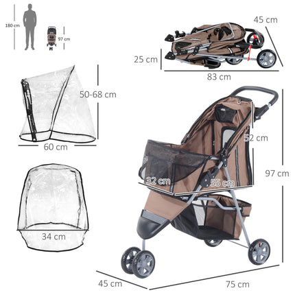 Folding Dog Stroller with Cover, Cup Holder & Storage Basket for Small Miniature Dogs - Brown