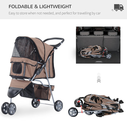 Folding Dog Stroller with Cover, Cup Holder & Storage Basket for Small Miniature Dogs - Brown