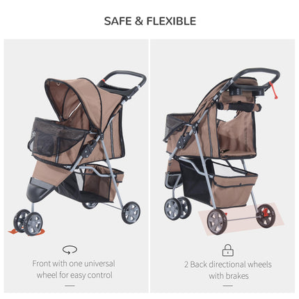 Folding Dog Stroller with Cover, Cup Holder & Storage Basket for Small Miniature Dogs - Brown
