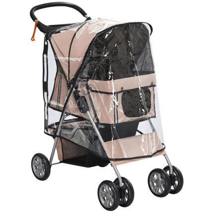 Folding Dog Stroller with Rain Cover, Cup Holder & Storage Basket for Small Miniature Dogs - Brown