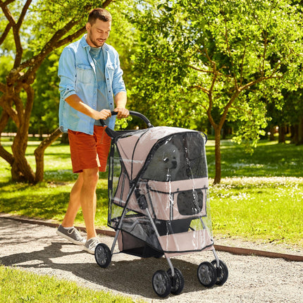 Folding Dog Stroller with Rain Cover, Cup Holder & Storage Basket for Small Miniature Dogs - Brown
