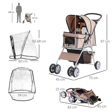 Folding Dog Stroller with Rain Cover, Cup Holder & Storage Basket for Small Miniature Dogs - Brown