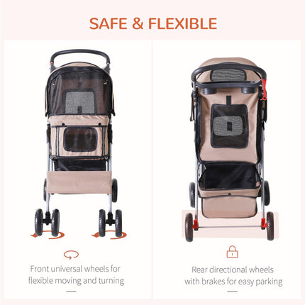 Folding Dog Stroller with Rain Cover, Cup Holder & Storage Basket for Small Miniature Dogs - Brown