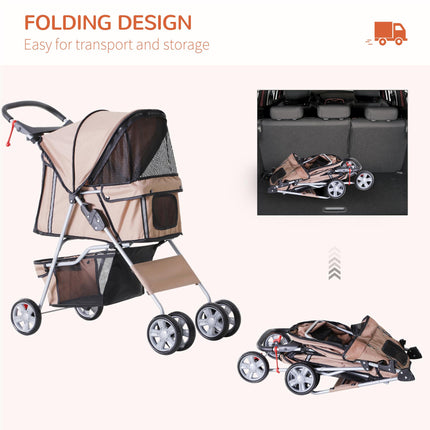 Folding Dog Stroller with Rain Cover, Cup Holder & Storage Basket for Small Miniature Dogs - Brown