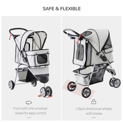 Folding Dog Stroller with Cover, Cup Holder, Storage Basket & Reflective Strips for Small Miniature Dogs - Grey