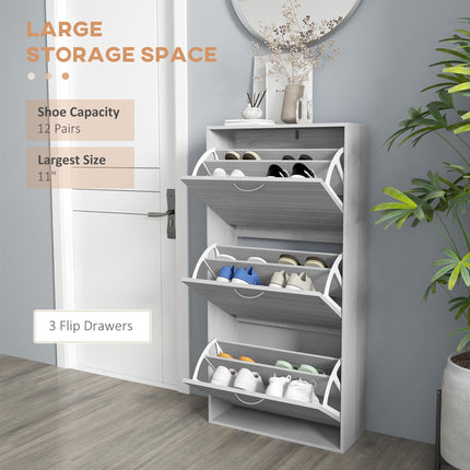 Shoe Storage Cabinet with 3 Flip Drawers for 12 Pairs, Narrow Slim Shoe Organizer for Hallway Entryway - Grey