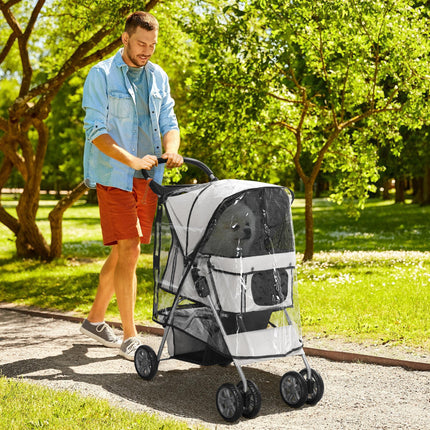 Folding Dog Stroller for Small Miniature Dogs with Rain Cover, Cup Holder & Storage Basket - Grey