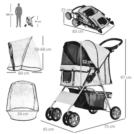 Folding Dog Stroller for Small Miniature Dogs with Rain Cover, Cup Holder & Storage Basket - Grey