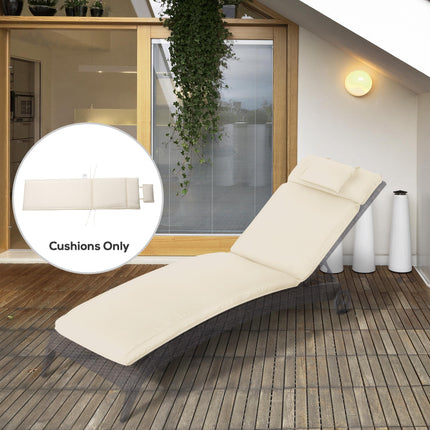 Garden Sun Lounger Replacement Cushion with Pillow Thick Reclining Chair Pad - Cream White