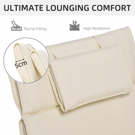 Garden Sun Lounger Replacement Cushion with Pillow Thick Reclining Chair Pad - Cream White