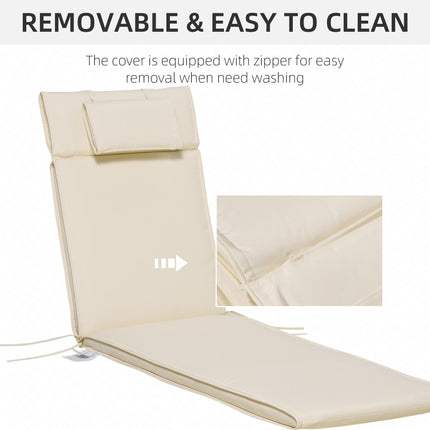 Garden Sun Lounger Replacement Cushion with Pillow Thick Reclining Chair Pad - Cream White