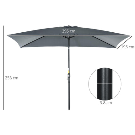 3x2m Rectangular Patio Parasol with Aluminum Tilt Crank Sun Shade - Dark Grey