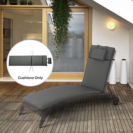 Garden Sun Lounger Replacement Cushion with Pillow Thick Reclining Chair Pad - Grey
