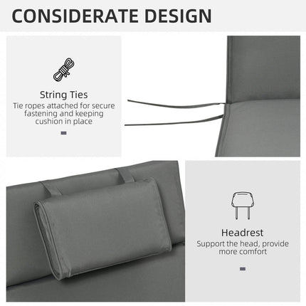 Garden Sun Lounger Replacement Cushion with Pillow Thick Reclining Chair Pad - Grey