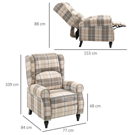 Push Back Recliner Armchair with Padded Seat and Armrest - Khaki