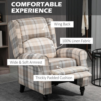 Push Back Recliner Armchair with Padded Seat and Armrest - Khaki