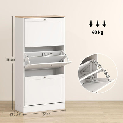 Compact Modern Three-Drawer Shoe Storage Cabinet for 18 Pairs - White