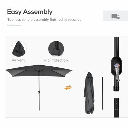 3x2m Rectangular Patio Parasol with Aluminum Tilt Crank Sun Shade - Black