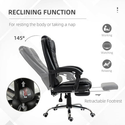 Executive Office Chair with Adjustable Recline, Swivel Wheels & Retractable Footrest - Black