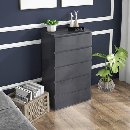 High Gloss 5-Drawer Chest of Drawers Storage Cabinet Modern Dresser - Grey